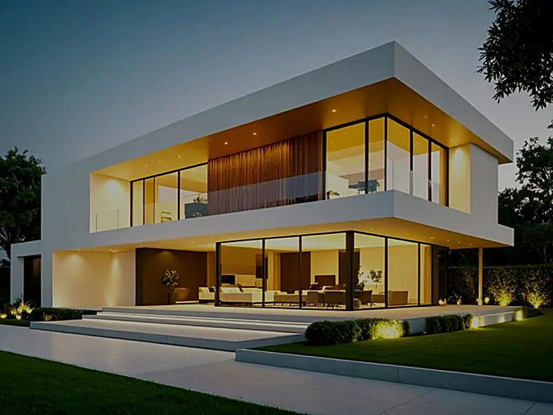 Two storey modern home lit from within at dusk